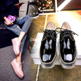 韩国代购厚底松糕坡跟真皮系带方头单鞋黑透明牛筋底高跟平底女鞋