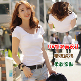 韩国新款女式体恤修身显瘦纯棉短袖t恤纯色大圆领V领两穿打底衫UV