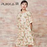 Pukka/蒲牌2016夏装新款原创设计女装亚麻拼桑蚕丝印花短袖连衣裙