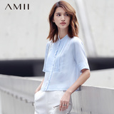 #Amii[极简主义]2016夏纯色立领修身衬衫大码中袖雪纺衫上衣女