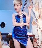 欧美新款时尚女歌手DS性感透视水钻礼服演出服丝绒网纱拼接连衣裙