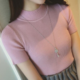 夏季新款韩版纯色半高领短袖套头修身打底小衫针织衫女半袖上衣潮