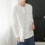 2016夏季男装长袖亚麻衬衫韩版修身纯色九分袖衬衣POLO衫棉麻衬衣