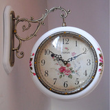 欧式田园双面挂钟卧室客厅装饰钟表时尚创意时钟静音两面手绘挂表