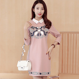 紫檀新款2016夏装韩版女装修身Polo领七分袖裙子时尚印花连衣裙潮
