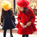 女童秋冬季加绒外套儿童中长款高档呢子大衣韩版童装新年装大红色