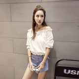 夏季新款韩国女装学生甜美木耳边一字领露肩收腰短袖T恤短款上衣
