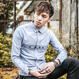 夏季男士长袖衬衫修身型韩版印花牛津纺青年纯色薄款衬衣学生潮款