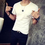 韩国夏季纯色圆领T恤韩版个性紧身短袖简约小口袋半袖男士T恤潮流