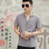 中国民族风亚麻短袖V领大码上衣服宽松半袖男士夏天纯色棉麻T恤衫