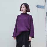 韩国秋冬新款紫色宽松插肩袖中长款套头毛线外套女 百搭显瘦毛衣