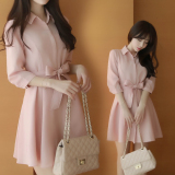 2016春季新品女装粉色雪纺衬衫连衣裙韩版中长款修身收腰衬衣裙子
