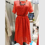韩国东大门代购2016款修身大红色蕾丝短袖连衣裙春夏季装白色裙子