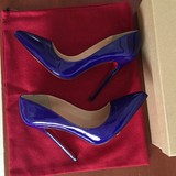 欧美品牌外贸女鞋宝蓝红黑色漆皮尖头12cm 10cm 8cm 女式高跟单鞋
