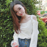 韩版夏季chic风新品女装性感露肩吊带一字领套头纯色长袖卫衣上衣