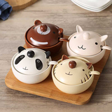 卡通调味罐/瓶/盒套装陶瓷盐罐厨房用品韩国可爱创意动物带盖送勺