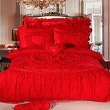 件套结婚床上用品床单被套婚庆天丝棉贡缎大红色四件套韩式蕾丝六