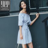 YEP2016夏季新品韩版一字领露肩连衣裙绑带修身收腰显瘦A字裙子女