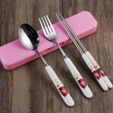 金丝玫瑰陶瓷不锈钢筷子勺叉子学生便携式餐具套装三件套旅行盒装
