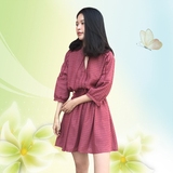 2016夏季韩版修身显瘦 中长款收腰流苏领七分袖哑光红 大摆连衣裙
