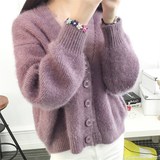 2015时尚秋冬新品女装韩版宽松保暖毛绒绒V领短款毛衣女式外套