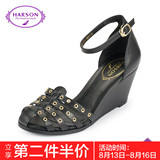 哈森/Harson 夏季款欧美牛皮金属女鞋一字扣坡跟凉鞋HM50405