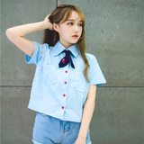 夏季女装韩版软妹清新可爱爱心休闲宽松短款衬衫学生短袖衬衣上衣
