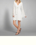 美国正品代购 abercrombie & fitch AF女款深V白色喇叭长袖连衣裙