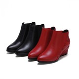 黑红色中跟粗跟尖头春秋冬款女真皮鞋及踝低筒短靴舒适韩版非主流