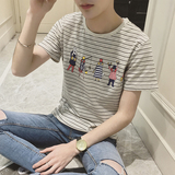 2016春季条纹卡通印花短袖衫T恤男士日系潮男半袖打底韩版修身新