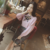 6度欧美2015冬装韩国新款甜美蝴蝶结系带套头针织毛衣女 E11204