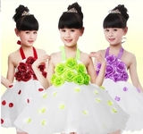 六一新款儿童节女童演出服儿童表演服玫瑰花演出服花边吊带连衣裙