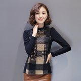 2016春季新款韩版时尚长袖半高领格子蕾丝衫打底衫小衫女潮