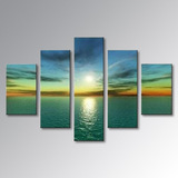 现代家居装饰手绘海上明月油画五联组合海滩海景风景无框画装饰画