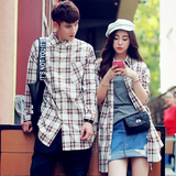 2015秋装新款青少年情侣装格子中长款衬衫韩版修身休闲长袖衬衣潮