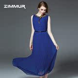 ZIMMUR2016夏季新款女装圆领无袖时尚气质修身百褶雪纺连衣裙长裙
