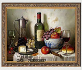 餐厅玄关楼道水果葡萄酒瓶欧式手绘静物竖版装饰高档有框油画
