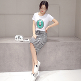 夏天女子时尚套装女版棉短袖印花T恤+条纹半身裙子两件套装韩版潮