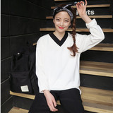 韩国代购2016春新款原单v领上衣黑白拼接卫衣短外套女潮修身显瘦