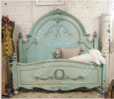 法式实木做旧水洗蓝双人床 美式乡村橡木白色仿古雕花实木床婚床