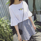 夏装女韩版原宿笑脸圆领喇叭袖T恤+单排扣格子短裙两件套学生套装