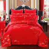 婚庆四件套大红色蕾丝1.8m床龙凤新婚床单式床品刺绣婚庆六件套