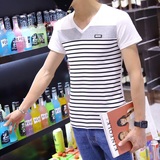 夏季新款男士短袖T恤V领韩版体恤棉上衣服条纹打底衫青少年休闲潮
