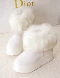 韩版新款冬季松糕鞋PU皮面防水毛毛雪地靴短靴棉鞋女面包鞋潮白色