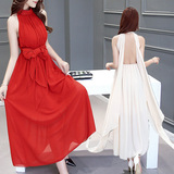 2016夏季新款欧美女装名媛气质红色礼服裙中长款长裙雪纺连衣裙