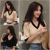夏季韩版女装新款V领短袖显瘦百搭休闲气质拼色套头螺纹T恤上衣潮