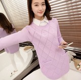 2016秋装新款韩版女装衬衣领假两件套针织套头毛衣休闲口袋针织衫