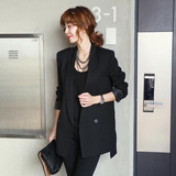 2014年春秋韩版宽松直筒百搭时尚黑色中长款女潮西装外套