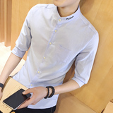 男士衬衫短袖韩版修身纯色七分袖衬衫男装夏季绣花立领半袖寸衫男