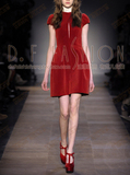 2016早春装新款 欧美时尚名媛设计感修身圆领短袖红色花苞连衣裙